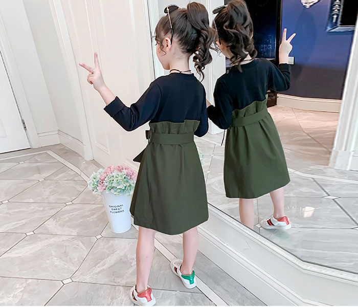 韓国子供服ワンピース女の子長袖ワンピアンサンブル膝丈上春秋オシャレグリーンページュカジュアル系キッズガールズワンピース体型カバーお出かけ通学大人気110cm120cm130cm140cm150cm160cm