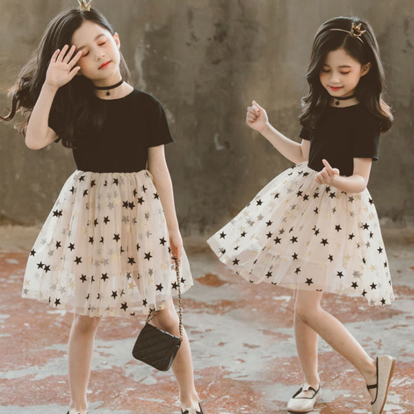 韓国子供服 夏服 ワンピース 女の子 夏服 スター柄 半袖ワンピース 可愛いスタイル フォーマル 結婚式 卒業式 発表会 子供服 ブラック 110 120 130 140 150 160cmのサムネイル
