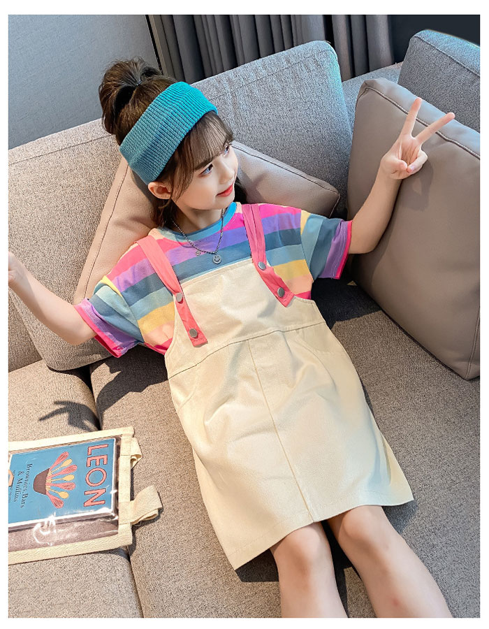 韓国子供服 女の子 夏服 セットアップ Tシャツ+ サロペットスカート 虹色Tシャツ 半袖 丸首 キュート ガールズ ジュニア服 2点セット 結婚式 パーティー 海外旅行 リゾート 普段着 通園 通学 110cm 120cm 130cm 140cm 150cm 160cm