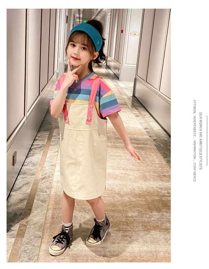 韓国子供服 女の子 夏服 セットアップ Tシャツ+ サロペットスカート 虹色Tシャツ 半袖 丸首 キュート ガールズ ジュニア服 2点セット 結婚式 パーティー 海外旅行 リゾート 普段着 通園 通学 110cm 120cm 130cm 140cm 150cm 160cm