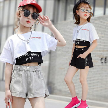 韓国子供服 セットアップ 女の子 夏服 新作 ショートTシャツ+ベスト+デニムショートパンツ 3点セット トップス 白いTシャツ 黒のベスト ジーンズ コーデ カジュアル 普段着 通園 通学 ジュニア服 オシャレ 110cm 120cm 130cm 140cm 150cm 160cm