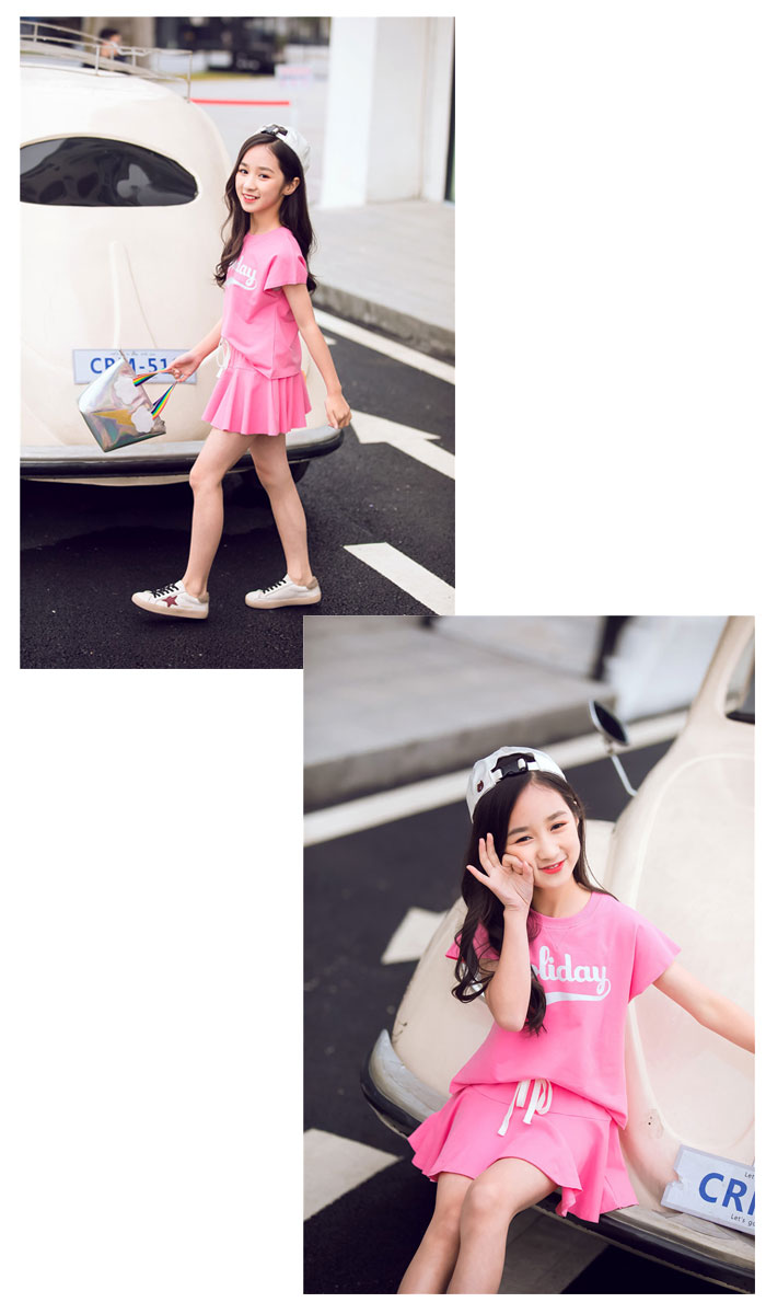 韓国子供服女の子セットアップTシャツショートパンツズスカート2点セット体操服チアガール夏服キッズ姫系上下オシャプリント遠足活動通園通学海外旅行ネイビーピンク110120130140150160cm