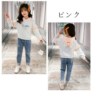 韓国子供服 セットアップ キュート 女の子 上下セット スウェット ジーンズ 長袖 フード付き ウサギ柄 可愛い 大人気 女児用 パンツセット 春秋 新作 ピンク ブルー 通学 遠足 110cm 120cm 130cm 140cm 150cm 160cm