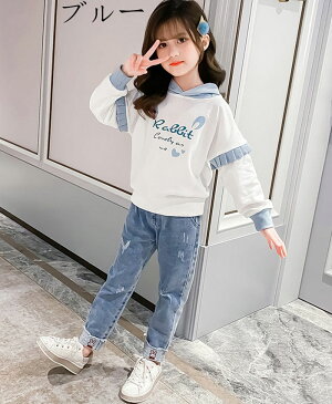 韓国子供服 セットアップ キュート 女の子 上下セット スウェット ジーンズ 長袖 フード付き ウサギ柄 可愛い 大人気 女児用 パンツセット 春秋 新作 ピンク ブルー 通学 遠足 110cm 120cm 130cm 140cm 150cm 160cm