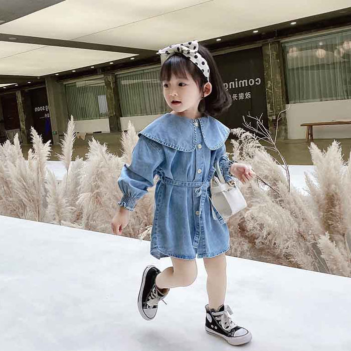 韓国子供服ワンピースデニムキッズベビーデニムワンピ長袖無地ラペルプリンセス女の子デニムワンピブルー可愛い普段着通園通学子供ワンピ春着秋着新作オシャレブルー80cm90cm100cm110cm120cm130cm