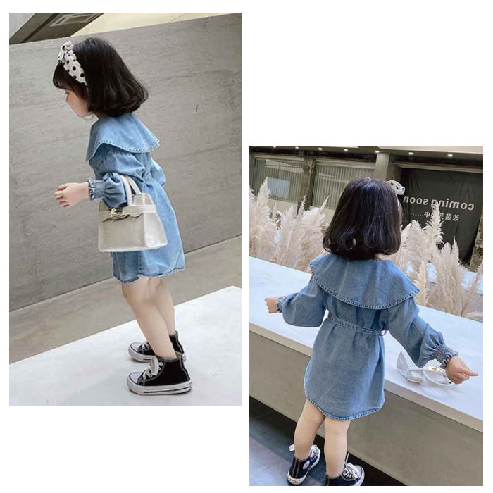 韓国子供服ワンピースデニムキッズベビーデニムワンピ長袖無地ラペルプリンセス女の子デニムワンピブルー可愛い普段着通園通学子供ワンピ春着秋着新作オシャレブルー80cm90cm100cm110cm120cm130cm