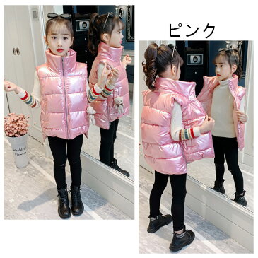 女の子 中綿ベスト ピンク シルバー 冬服 新作 キッズ アウター ベスト ハイネック 防寒 防風 クマ 可愛い ファッション 前後丈 韓国子供服 姉妹 双子 ジュニア服 お出かけ 小学生 通学着 110cm 120cm 130cm 140cm 150cm 160cm