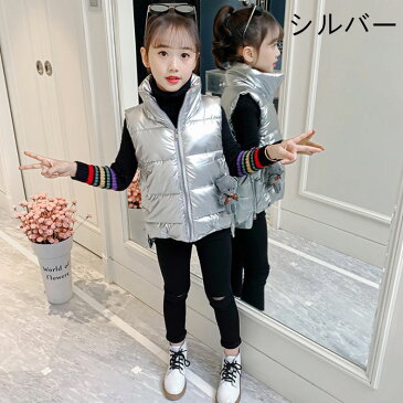 女の子 中綿ベスト ピンク シルバー 冬服 新作 キッズ アウター ベスト ハイネック 防寒 防風 クマ 可愛い ファッション 前後丈 韓国子供服 姉妹 双子 ジュニア服 お出かけ 小学生 通学着 110cm 120cm 130cm 140cm 150cm 160cm