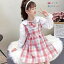 韓国子供服 春 ワンピ オシャレ フォーマル 発表会 受験用 七五三 ワンピース キッズ 女の子 ワンピ+ネクタイ 2点セット 新作 長袖 ラペル チェック柄 入園式 卒園式 入学式 卒業式 ピンク グリーン 110cm 120cm 130cm 140cm 150cm 160cm