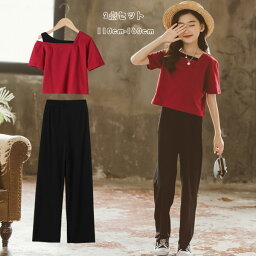 韓国子供服 夏服 女の子 スウィート 上下セット キッズ セットアップ 夏着 Tシャツ+ワイドレッグパンツ オシャレ レジャー 姉妹 夏物 半袖Tシャツ レッド ロングパンツ ブラック お出かけ お呼ばれ お食事会 110cm 120cm 130cm 140cm 150cm 160cm