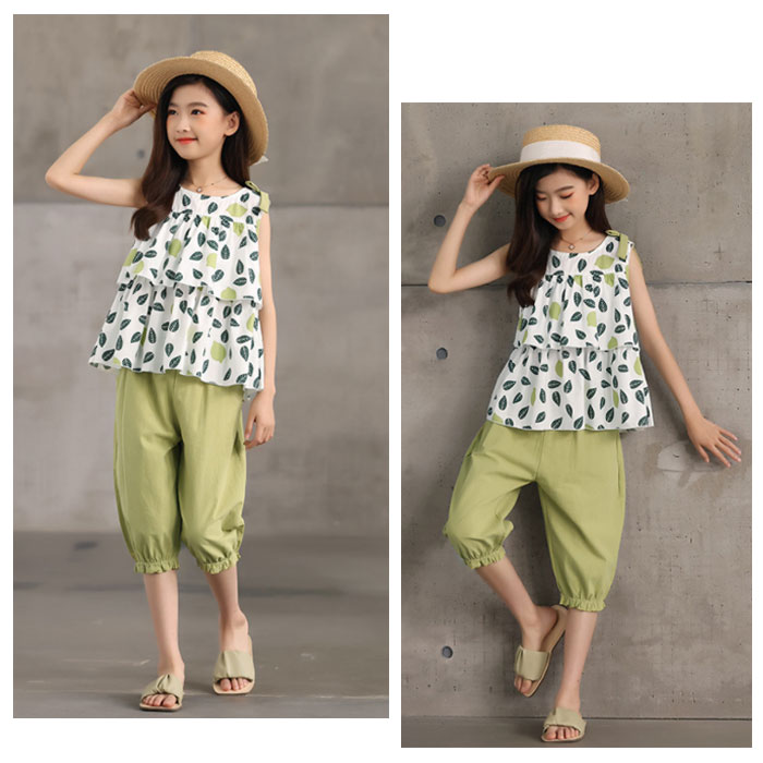 韓国子供服 夏 夏服 女の子 ナチュラル セットアップ 上下セット 純綿 スリングトップ+パンツ 2点セット 緑 キッズ 姉妹 花柄ベスト パンツ 七分丈 可愛い 小学生 通学着 リゾート 110cm 120cm 130cm 140cm 150cm 160cm