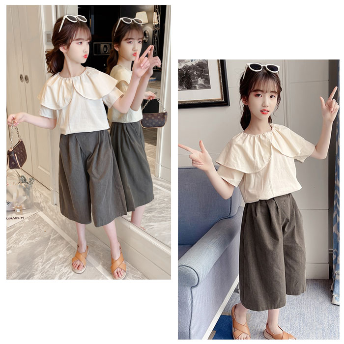 韓国子供服 女の子 夏服 オシャレ レジャー デイリー 大人気 上下セット キッズ シャツ+ワイドレッグパンツ 2点セット 半袖 七分丈 小学生 通学着 ガールズ セットアップ お出かけ お呼ばれ お食事会 リゾート 可愛い 110cm 120cm 130cm 140cm 150cm 160cm 170cm