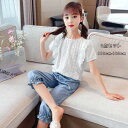 韓国子供服 夏服 女の子 オシャレ プリンセス セットアップ 上下セット シャツブラウス ジーンズ 2点セット キッズ 姉妹 フリル半袖 ブラウス ホワイト レース ジーンズ 七分丈 上品 ナチュラル 小学生 通学着 110cm 120cm 130cm 140cm 150cm 160cm