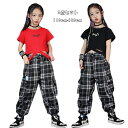 女の子 ダンス 衣装 ヒップホップ ダンスウェアステージ衣装 子供 上下セット 2点セット HIPHOP 半袖Tシャツ チェック柄パンツ ヒップホップ パフォーマンスタイド衣装 ジャズダンス キャットウォーク 舞台 団体服 応援団 ブラック レッド 110 120 130 140 150 160 170 180