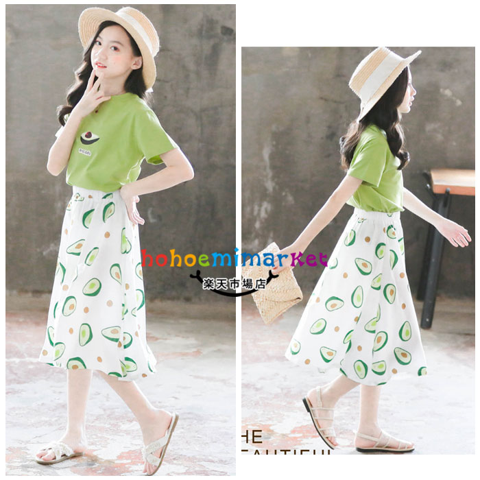 子供服 女の子 夏服 セットアップ 夏服 夏着 旅行 リゾート 通学着 可愛い 2点セット キッズ セットアップ 上下セット 半袖 Tシャツ 緑 スカート 膝丈 アボカド柄 カジュアル ガールズ 子ども 女児 スカートセット 普段着 大人気 120cm 130cm 140cm 150cm 160cm 170cm
