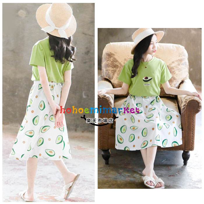 子供服 女の子 夏服 セットアップ 夏服 夏着 旅行 リゾート 通学着 可愛い 2点セット キッズ セットアップ 上下セット 半袖 Tシャツ 緑 スカート 膝丈 アボカド柄 カジュアル ガールズ 子ども 女児 スカートセット 普段着 大人気 120cm 130cm 140cm 150cm 160cm 170cm
