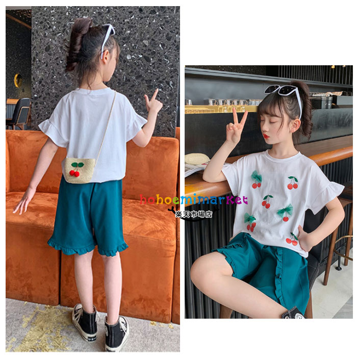 韓国子供服 かわいい 夏服 チェリー柄 Tシャツ 半袖 ショーツ 上下セット 女の子 セットアップ 普段着 通学 夏着 キッズ パンツセット トップス ボトムス レジャー 旅行 リゾート イベント 誕生日 結婚式 綿 着心地良い 人気 2点セット 110cm 120cm 130cm 140cm 150cm 160cm