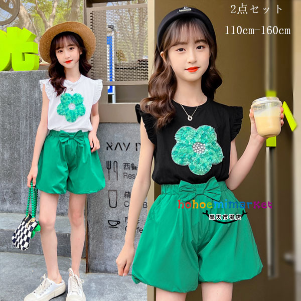 韓国子供服 かわいい 夏服 女の子 セットアップ 飛袖Tシャツ+ショーツ 上下セット キッズ パンツセット 姉妹 双子 普段着 通園 通学 ブラック ホワイト 花柄 女の子 夏 新品 旅行 イベント 誕生日 レジャー 2点セット 同窓会 お祝い 110cm 120cm 130cm 140cm 150cm 160cm