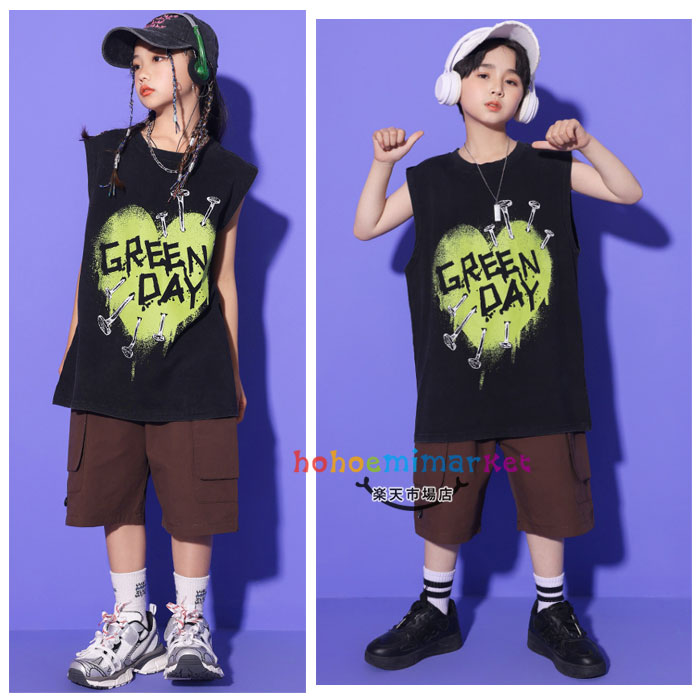 ダンス衣装 ブラック ベスト 男の子 女の子 hiphop K-pop 舞台 団体服 演出服 キッズ 袖なし Tシャツ おしゃれ ヒップホップ 個性プリント ゆったり ベスト 運動会 ステージ衣装 jazz 体育祭 文化祭 学園祭 夏着 普段着も楽ちん 110 120 130 140 150 160 170 180 3