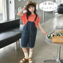 韓国子供服 夏服 レジャー 新品 セットアップ 女の子 ストライプ柄 Tシャツ デニムサロペット パンツ キッズ 上下セット かわいい 2点セット 夏着 通学着 旅行 リゾート おしゃれ パンツセット デニム オーバーオール 子ども 子供服 120 130 140 150 160 170