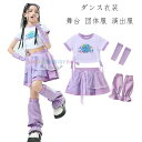 キッズ ダンス 女の子 チアガール ストリートダンス ジャズダンス 運動会、応援団、クラス活動 セットアップ Tシャツ+カフス+スカート+レッグウォーマー パープル系 ダンス衣装 舞台 団体服 演出服 練習着 学園祭 jazz へそ出しトップス ダンスウェア 110-180