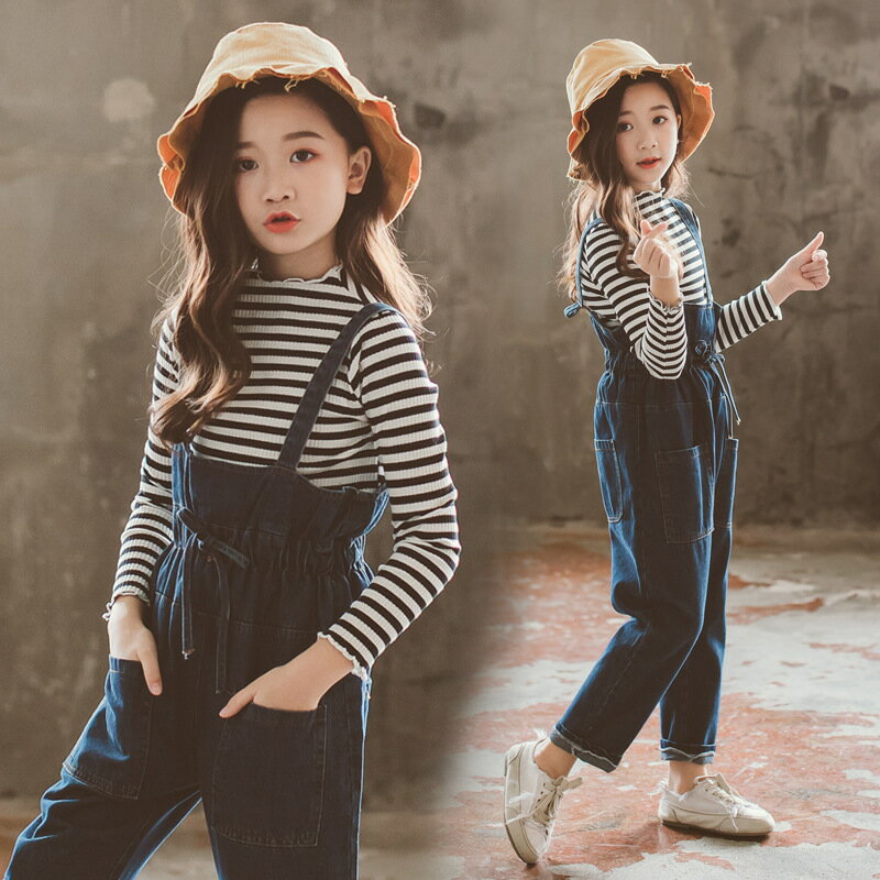 韓国子供服 2点セット 春秋 tシャツ+ズボン 長袖 デニムズボン オールインワン ジーンズ ストライプ セットアップ ゆったり 女の子 キッズ こども 可愛い カジュアル きれいめ //卒園式/入学式/パーティのサムネイル
