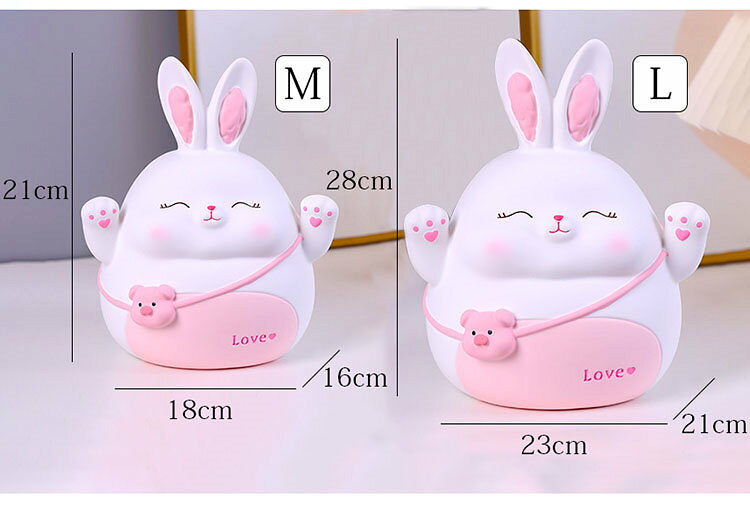 L:23*21*28CM 貯金箱 おしゃれ マネーバンク 子供 硬貨 コイン お札 紙幣 ウサギの形 可愛い 飾り付き 金庫 おもちゃ 大容量 小銭投入ボックス お金 お年玉 コインバンク 子ども 置き物 オブジェ インテリア 割れない 雑貨 装飾品 小物 癒し プレゼント 選べる2色 [3]