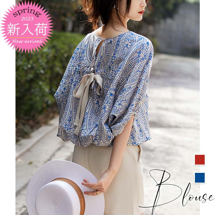 ブラウスレディース40代 夏五分袖ブラウス オシャレブラウス エスニック風プリントTブラウス リボン ドルマンスリーブ パフスリーブトップス ゆったりtシャツ