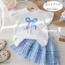 韓国子供服 女の子 セットアップ 女の子 夏服 飛袖 Tシャツ+スカート 2点セット キッズ 上下セット 蝶結び柄 Tシャツ 青スカート かわいい ベビー服 幼...