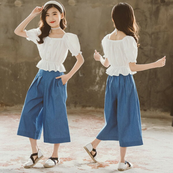 韓国子供服 セットアップ 女の子 夏服 新作 ブラウス + デニムワイドパンツ 2点セット キッズ ガールズ 上下セット スクエアネック 半袖 七分丈 綿 無地 オシャレ 通学 海外旅行 大人気 ホワイト 120cm 130cm 140cm 150cm 160cm 165cm
