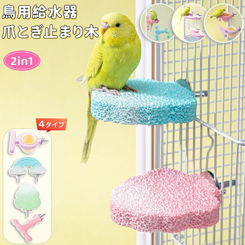 【6%OFFクーポン】鳥用給水器 2in1 止まり木付き 食器兼用 鳥用給水器 爪とぎ止まり木 爪とぎ効果 滑り止め 転倒防止 こぼれ防止 清潔キープ 水洗い可能 小型中型インコ オカメインコ セキセイインコ ラブバード T字型 レインボー型 4色