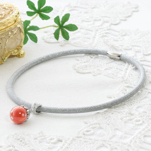 ピンクサンゴ（桃珊瑚）約15mm玉 キュービックジルコニア ペンダントトップ 約40cm軽量フープネックレス ステンレスマグネット金具