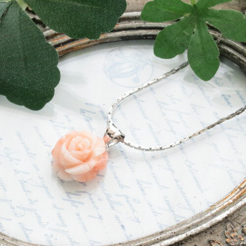 ピンク珊瑚（深海珊瑚） バラ 約13×12×7mm ペンダントネックレス 約42cm＋5cmアジャスター