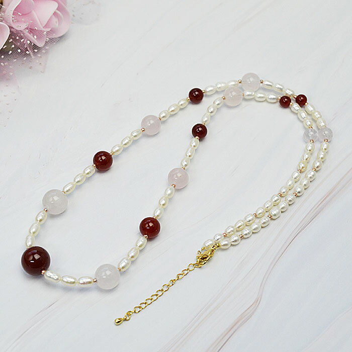 淡水真珠/ローズクォーツ/赤メノウネックレス淡水真珠約4.5〜5mm ローズクォーツ約7.5〜12mm赤メノウ約6〜14mm長さ約67cm(カニ爪込)アジャスタ...