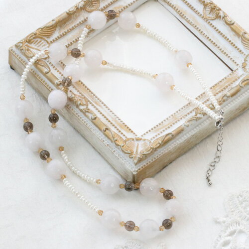 ローズクォーツ　茶水晶　淡水真珠　ライス　ナチュラル　ガラス　ネックレス　約65cm(金具込)　真鍮カニ爪アジャスター
