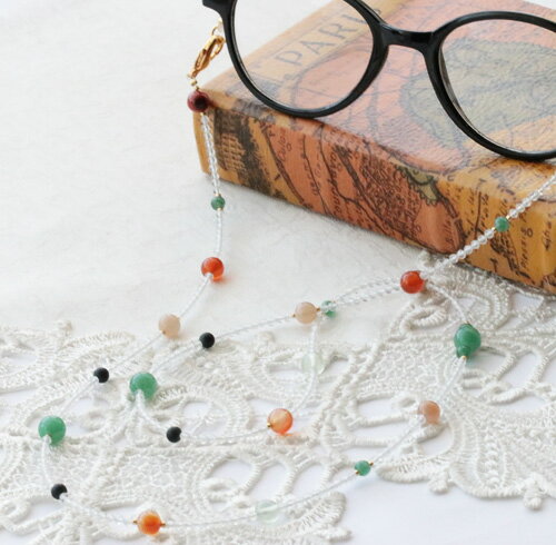 アベンチュリン ムーンストーン カーネリアン プレナイト 水晶 ツヤ消しオニキス メガネチェーン マスクチェーン ネックレス 約70cm（金具込） 真鍮