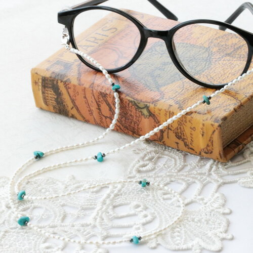 淡水真珠 ライス ナチュラル ターコイズ（トルコ石） スピネル処理 メガネチェーン マスクチェーン ネックレス 約63cm（金具込） 真鍮