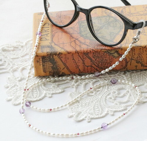 淡水真珠 ライス ナチュラル アメシスト ロードライトガーネット ヘマタイト メガネチェーン マスクチェーン ネックレス 約66cm（金具込） 真鍮