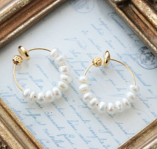 淡水真珠ボタンナチュラルフープイヤ...