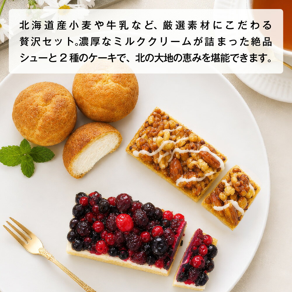 北海道お土産ギフト岡田商店のケーキ ギフト ベイクドアルル 2種のケーキとミルクシューのセット 北海道スイーツ お取り寄せスイーツ 洋菓子 冷凍スイーツ 生クリーム シュークリーム ギフト プレゼント おやつ デザート 冷凍ケーキ ホール 詰め合わせ お取り寄せ 食べ比べ 送料無料 父の日｜アングル2