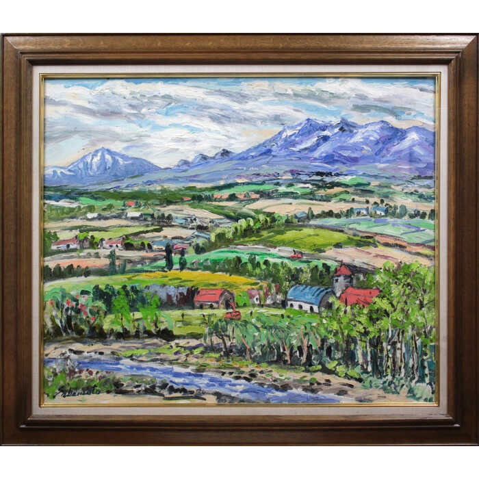 樂天商城 - 絵画 坂元輝行 油絵・油彩画 『ニセコ風景』 山 畑 空 自然 集落 風景 北海道風景 カラフル 一点物 美術品 アート さかもとてるゆき