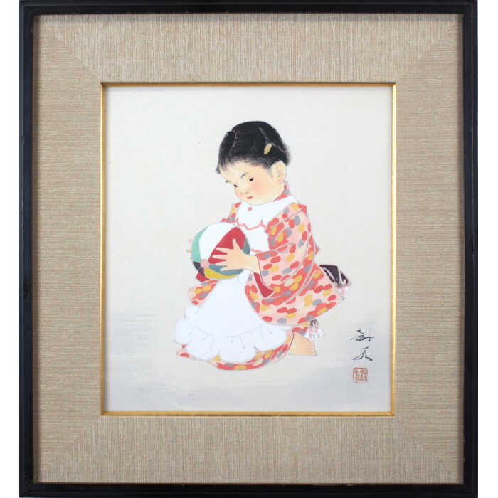 人物娃娃 - 絵画 田中針水 日本画 『紙風船』 人物 子ども 一点物 美術品 アート たなかしんすい
