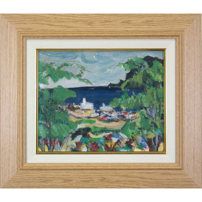 乐天商城 - 絵画 作家不明 油絵・油彩画 『風景』 木 海 街 風景 一点物 美術品 アート ご贈答品 ギフト