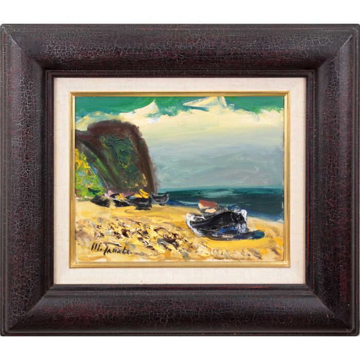 Rakuten - 絵画 田辺三重松 油絵・油彩画 『海浜』 島 海 海岸 空 自然 船 風景 力強い 重厚 一点物 美術品 アート たなべみえまつ