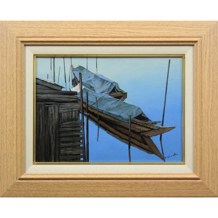 Rakuten - 絵画 塩田満男 油絵・油彩画 『舟』 海 海岸 港 船 風景 静謐 一点物 美術品 アート しおだみつお