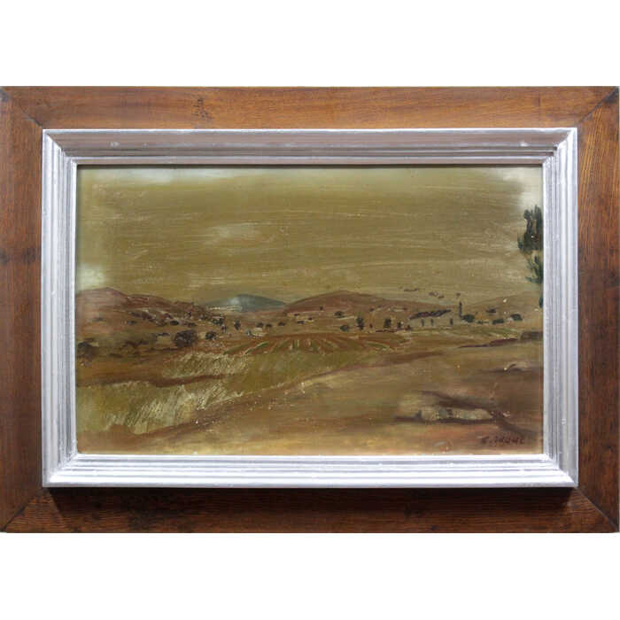 絵画 井上長三郎 油絵・油彩画 『風景』 家 山 木 村 畑 風景 優しい 穏やか 黄昏 一点物 美術品 アート いのうえちょうざぶろう