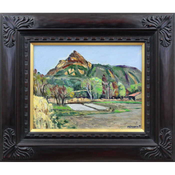 絵画 豊田満 油絵・油彩画 『昭和新山・五月』 山 畑 風景 北海道風景 明るい 穏やか 一点物 美術品 アート とよたみつる