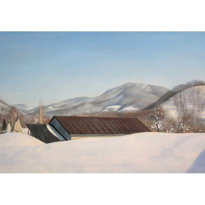 北海道画廊 楽天市場店の大きいサイズ 大きい絵 絵画 佐々木敏光 アクリル画 『藻岩山 二月』 家 山 木 空 雪 風景 冬 北海道風景 優しい 明るい 爽やか 穏やか 静謐 美術品 アート ささきびんこう｜アングル2