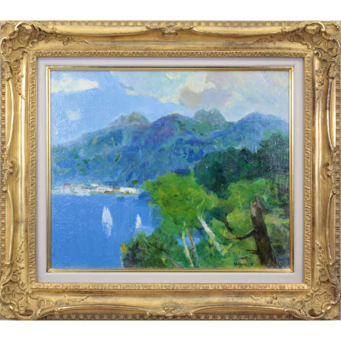 絵画 中本昭平 油絵・油彩画 『夏の山湖（大有珠・小有珠）』 山 木 林 森 湖 自然 船 風景 北海道風景 夏 明るい 爽やか 一点物 美術品 アート なかもとしょうへい