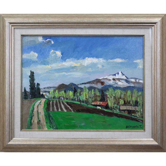 絵画 豊田満 油絵・油彩画 『昆布岳春望』 山 畑 空 自然 農場 道 風景 北海道風景 春 力強い 明るい 爽やか 重厚 一点物 美術品 アート とよたみつる